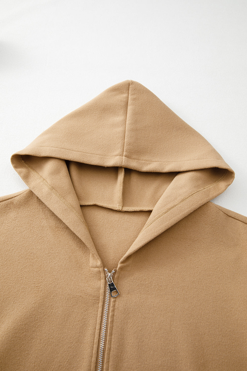 Light French Beige Solid Color Casual Zip up Hooded Coat