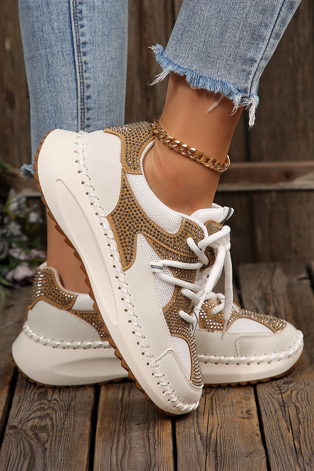 Rhinestone Embellished Color Block Patchwork Lace-up Breathable Sneakers