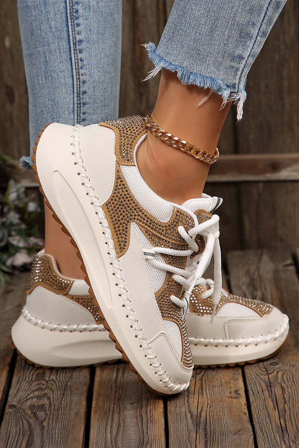 Rhinestone Embellished Color Block Patchwork Lace-up Breathable Sneakers