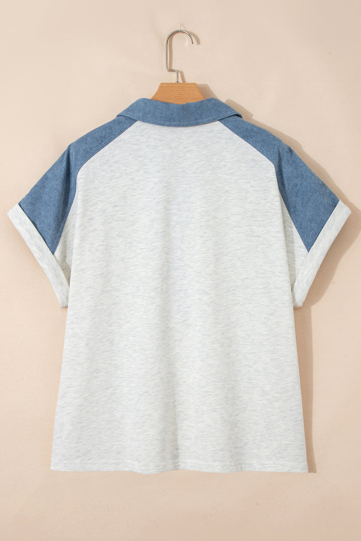 Beige Plus Size Contrast Denim Patchwork Cuffed Sleeve Polo Tee