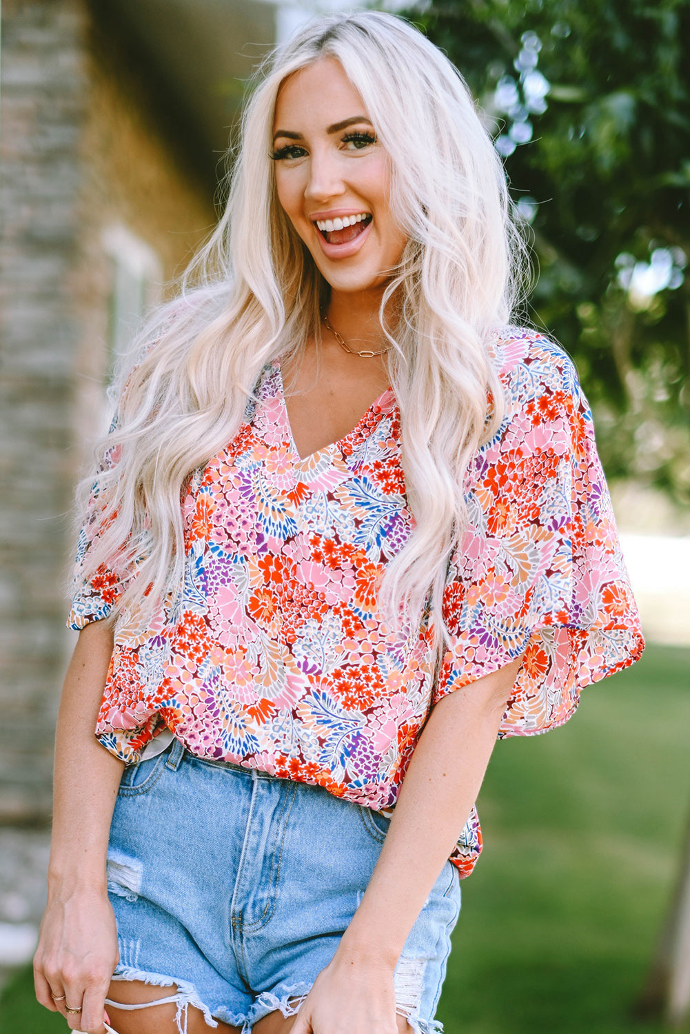 Multicolor Notch V Neck Gorgeous Floral Blouse