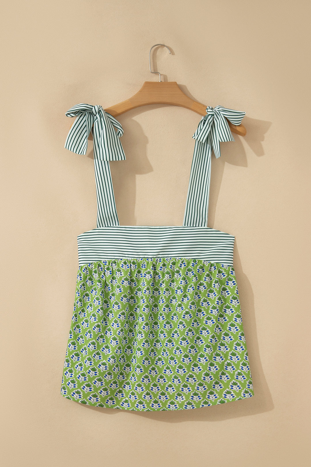 Green Floral Printed Knot Straps Babydoll Tank Top
