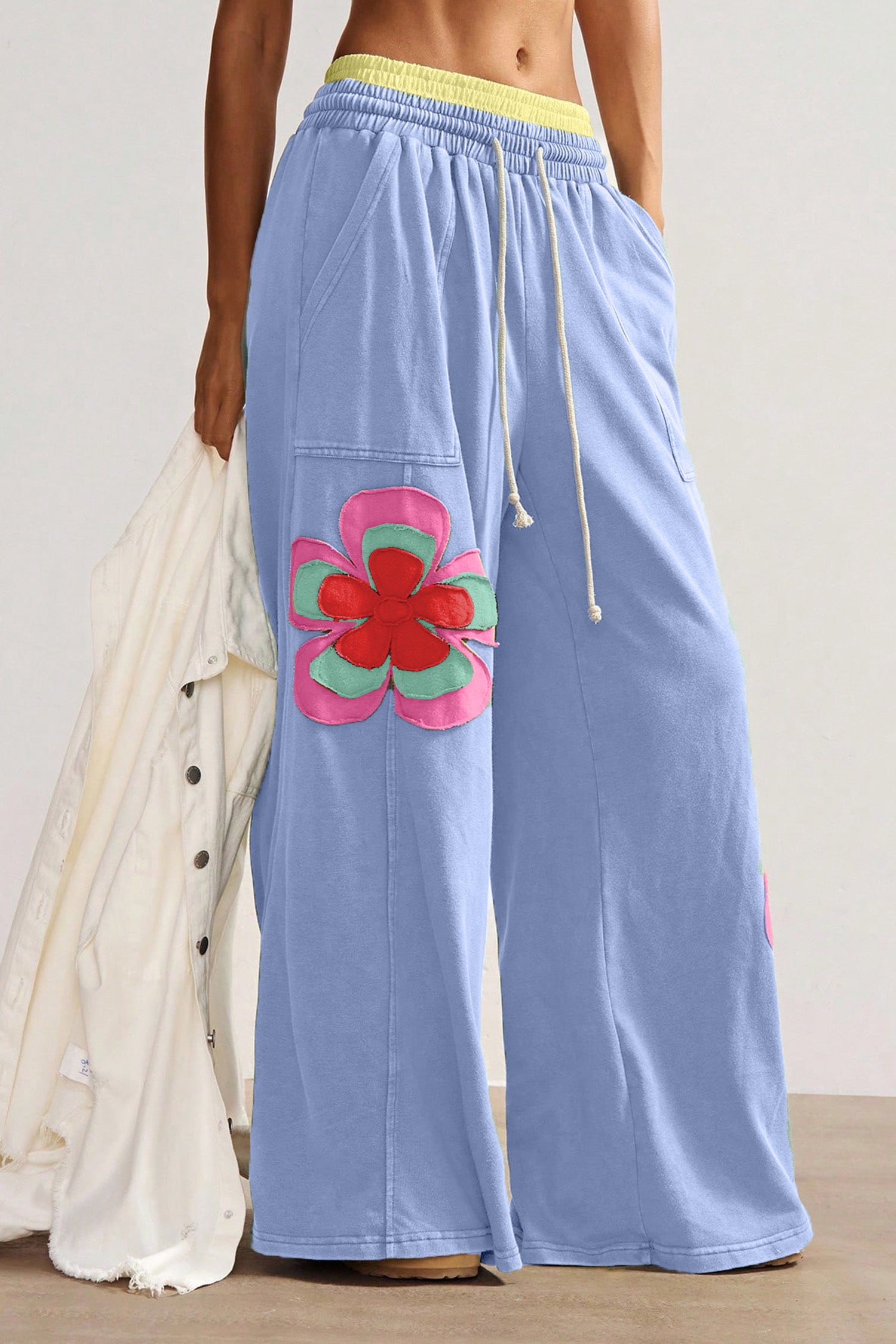 Sky Blue Flower Patchwork Elastic Waist Wide Leg Pants – ModeShe
