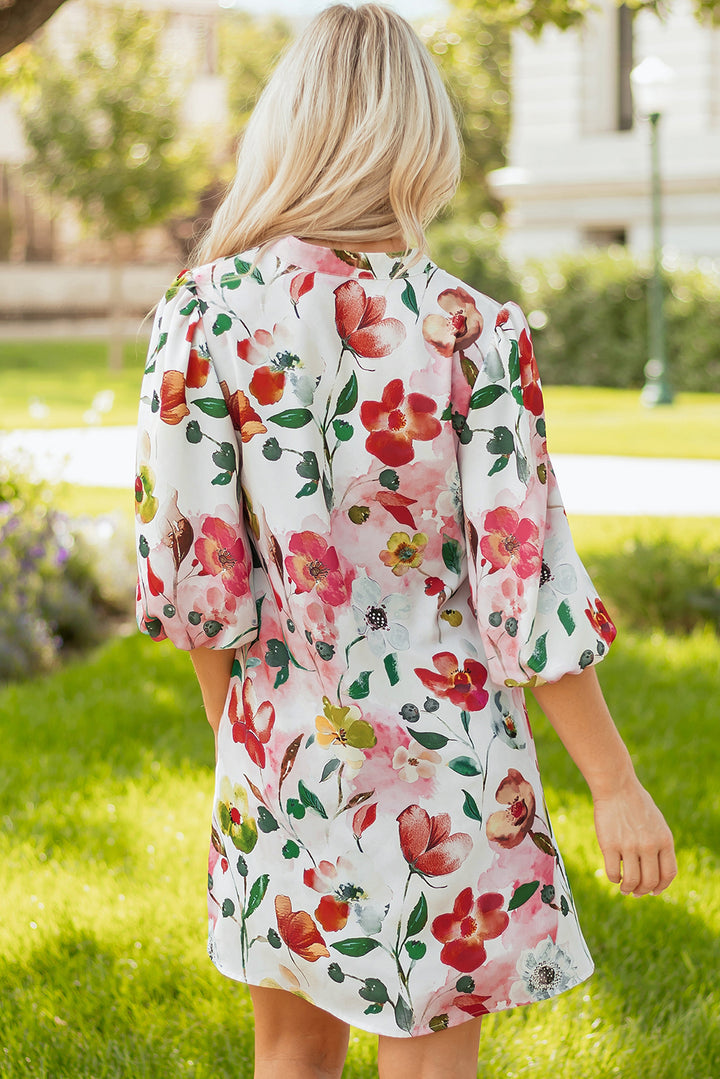 Floral Contrast Striped V Neck Puff Half Sleeve Shift Dress