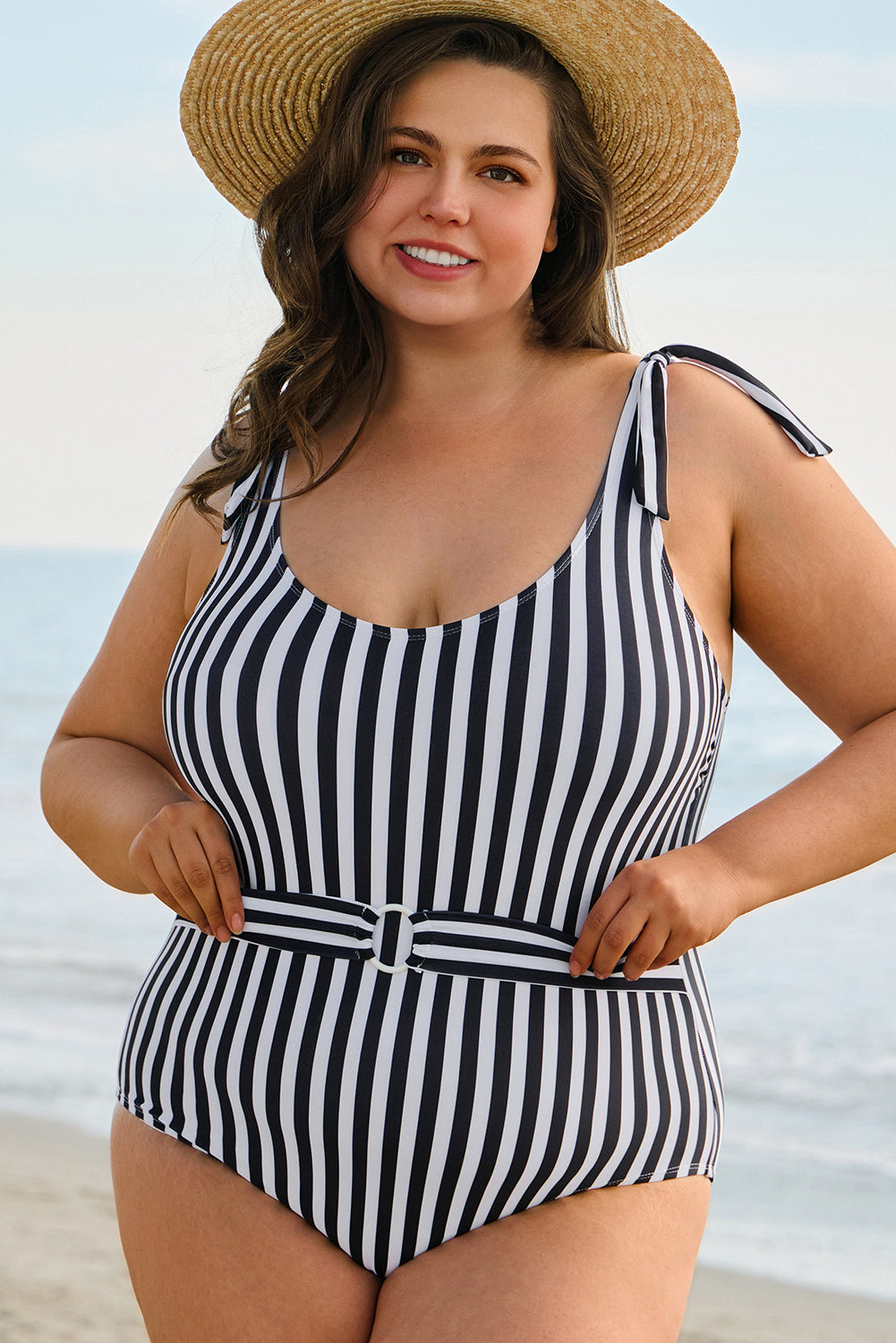 Plus Size Self Tie Straps O-Ring Waistband One Piece Swimsuit