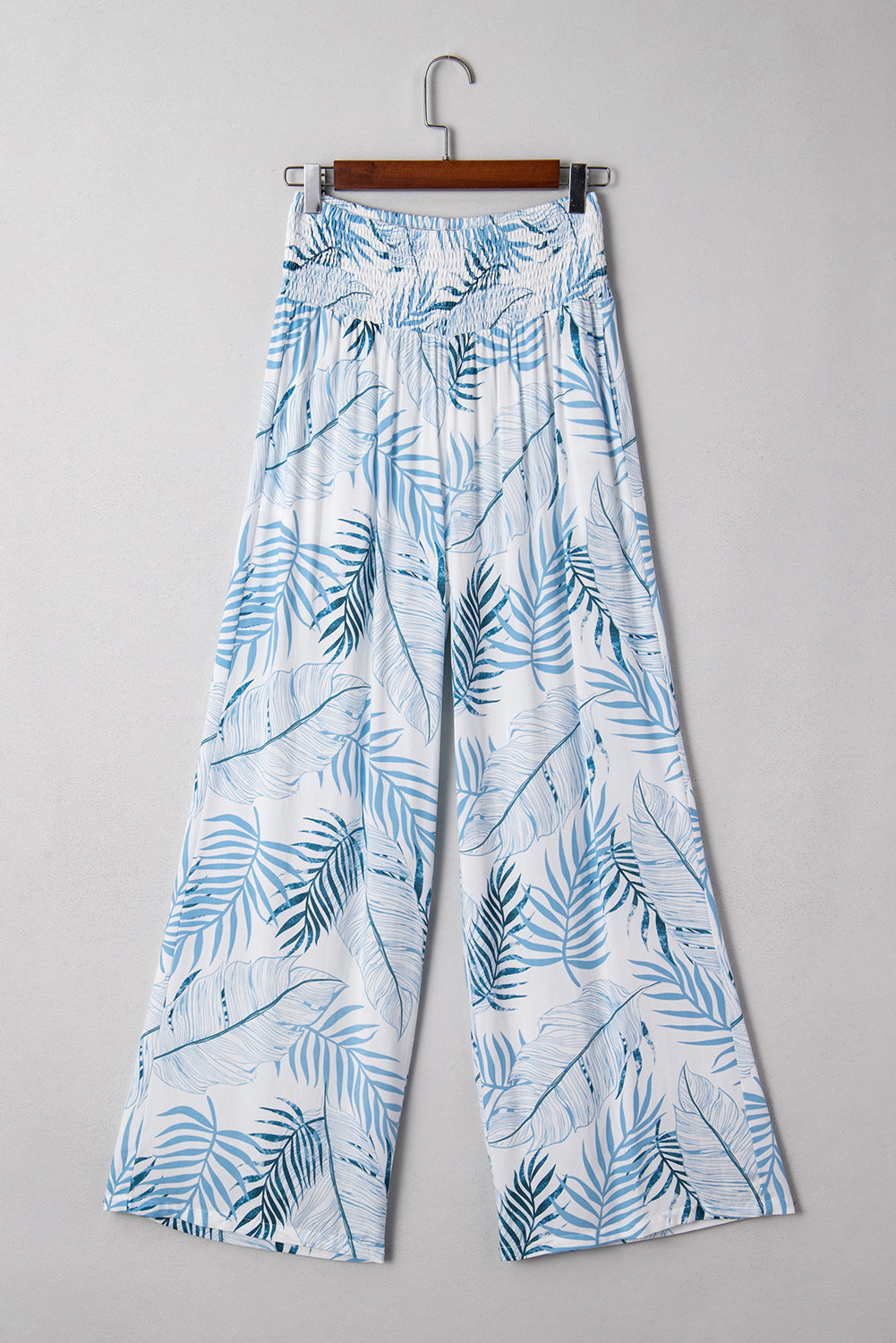 Sky Blue Botanic Print Shirred Waistband Wide Leg Pants
