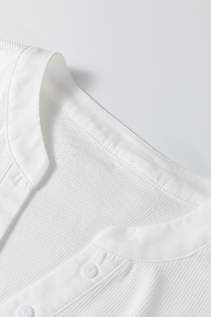 Button Placket 3/4 Striped Sleeve Patchwork Rib Knit Top