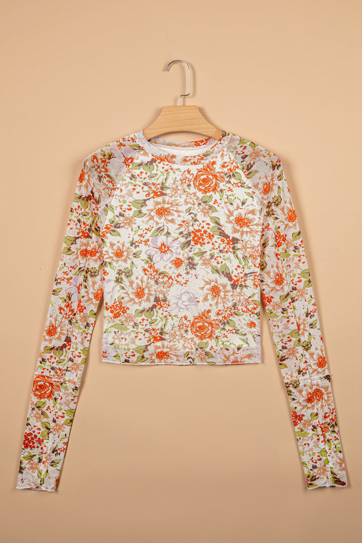 Multicolour Floral Print Mesh Thumbhole Long Sleeve Slim Top