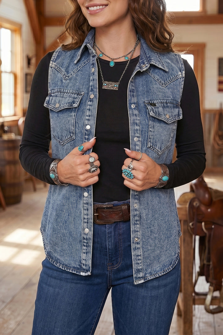 Ashleigh Blue Solid Denim Button Front Pocket Cowboy Vest