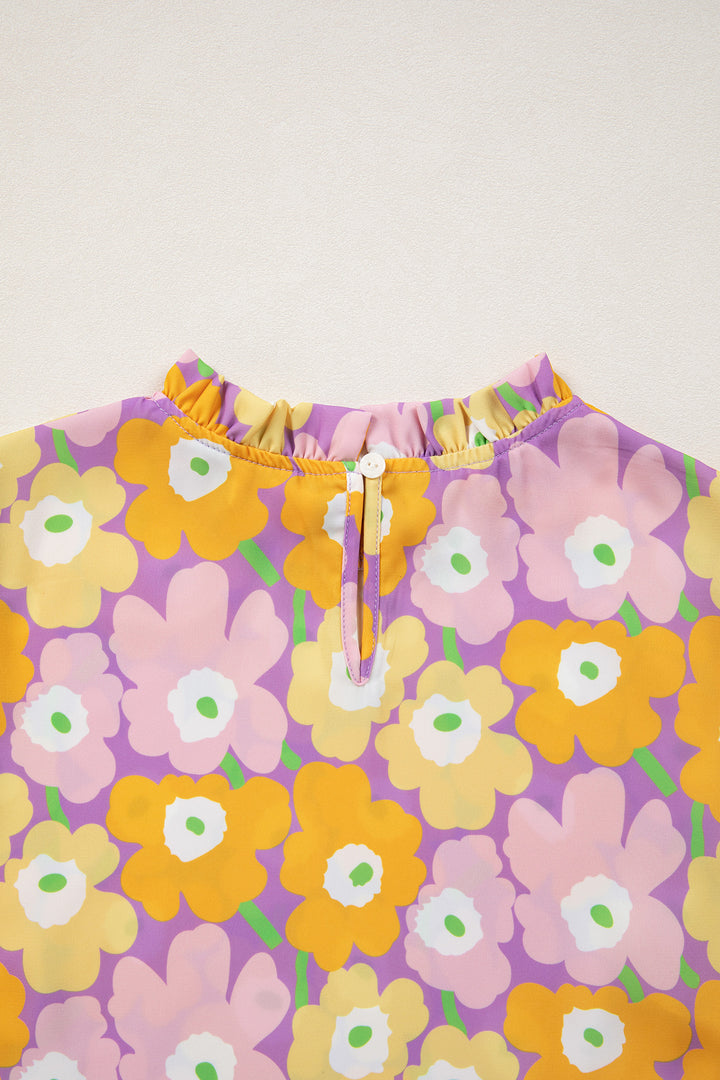 Frilled Neck Puff Short Sleeve Flower Top