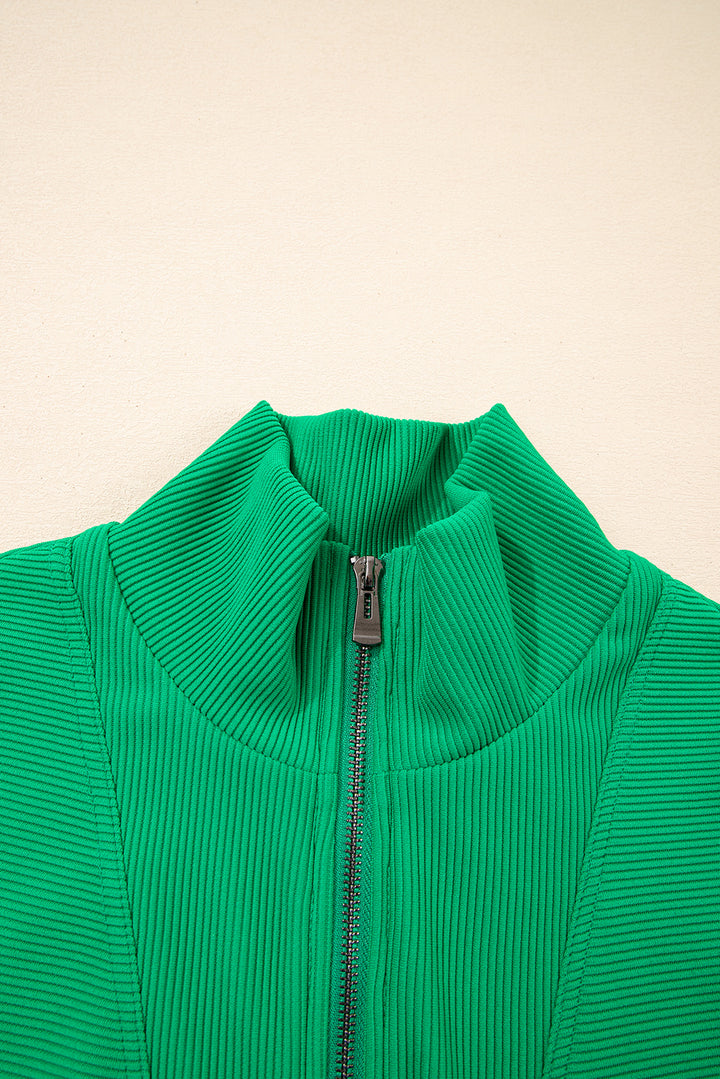 Bright Green Textured Short Sleeve Half Zip Drawstring Elastic Waistband Romper