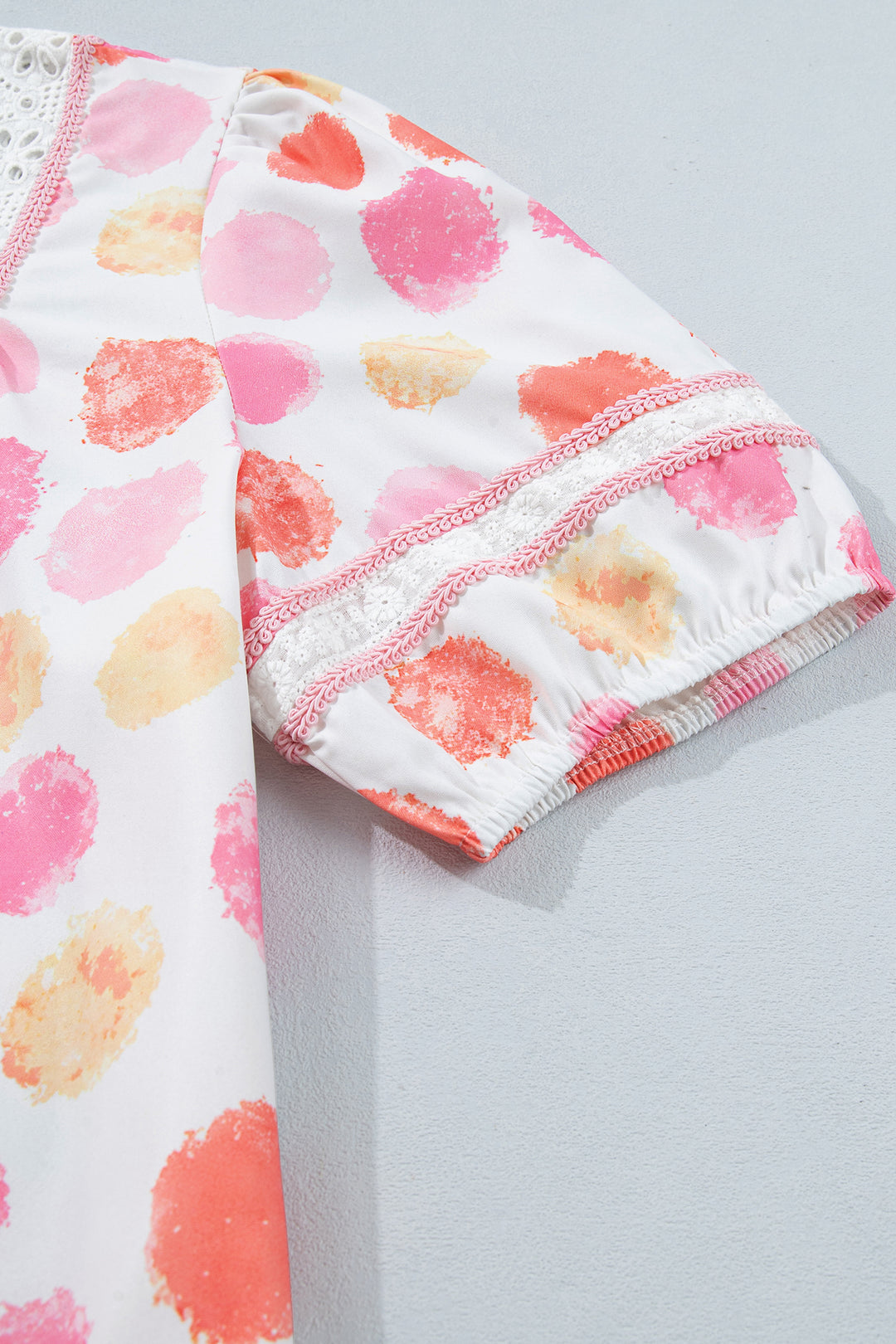 Pink Polka Dot Lace Trim Square Neck Puff Sleeve Blouse