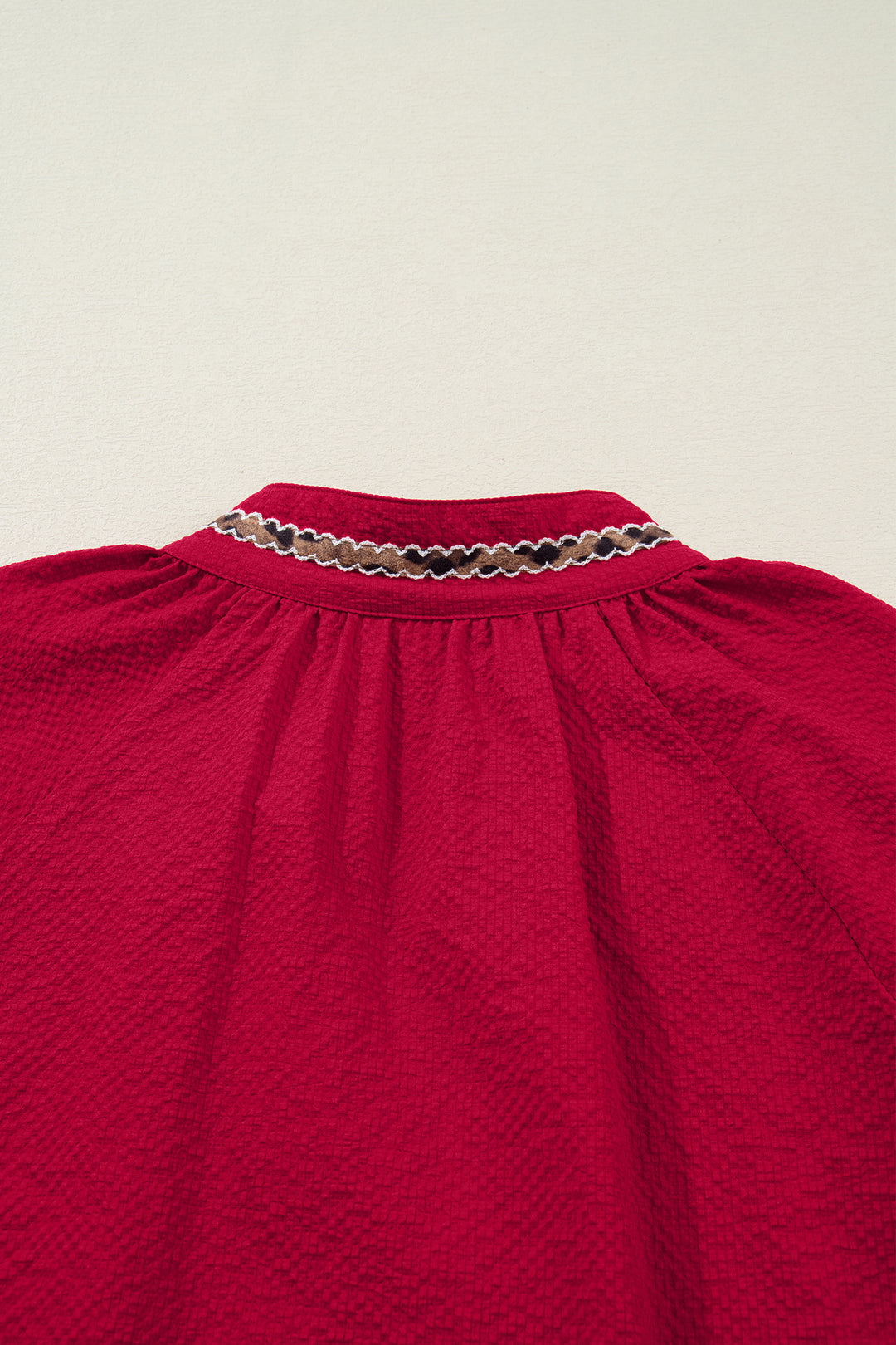 Racing Red Leopard Jacquard Print V Neck Textured Blouse