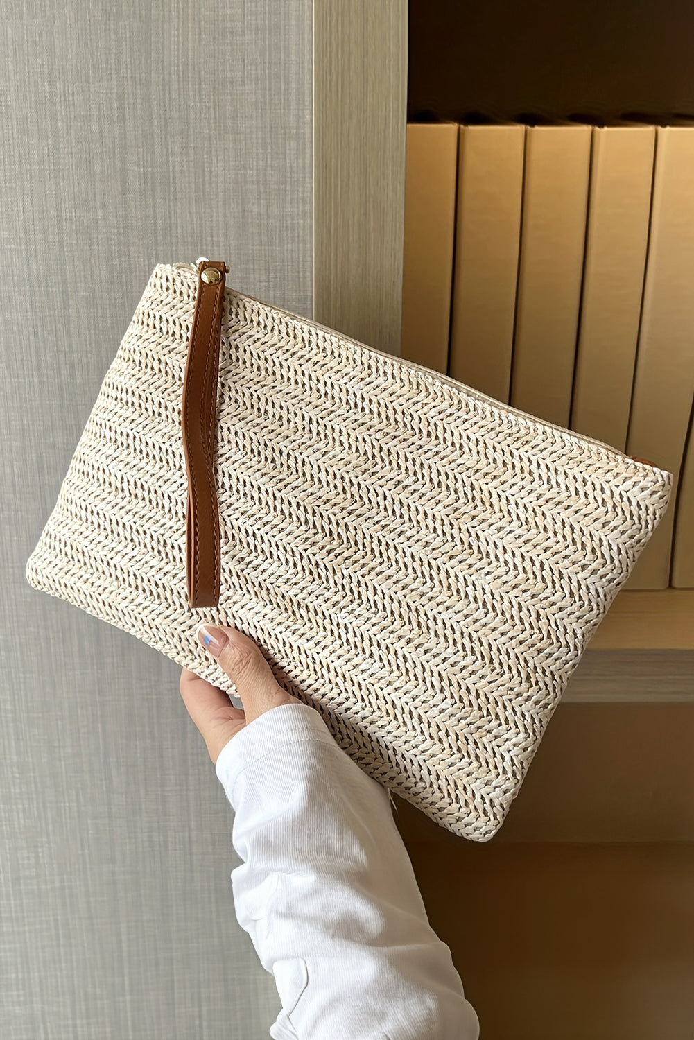 Straw Woven Wrist Strap Zipper Large Wallet