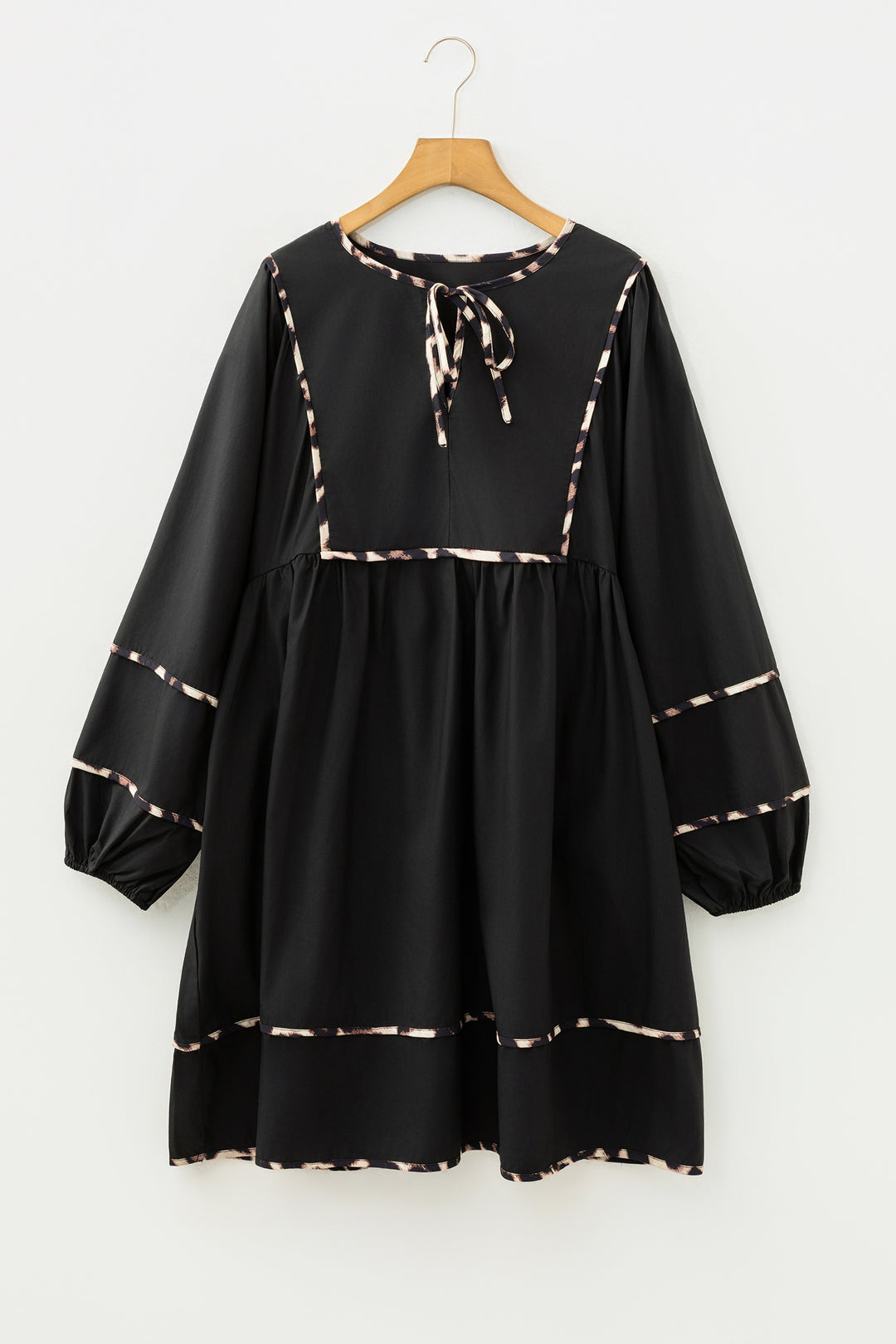 Black Plus Size Leopard Contrasted Trim Tie Neck Flared Mini Dress