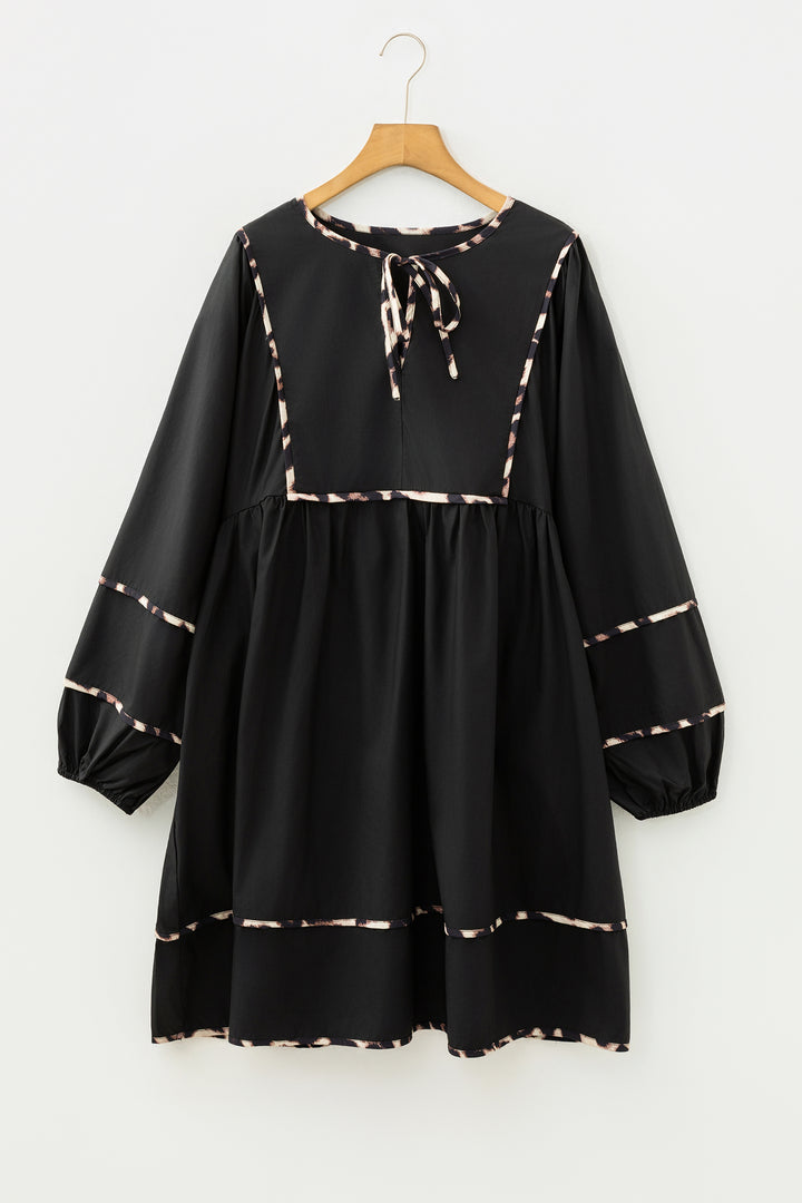 Black Plus Size Leopard Contrasted Trim Tie Neck Flared Mini Dress