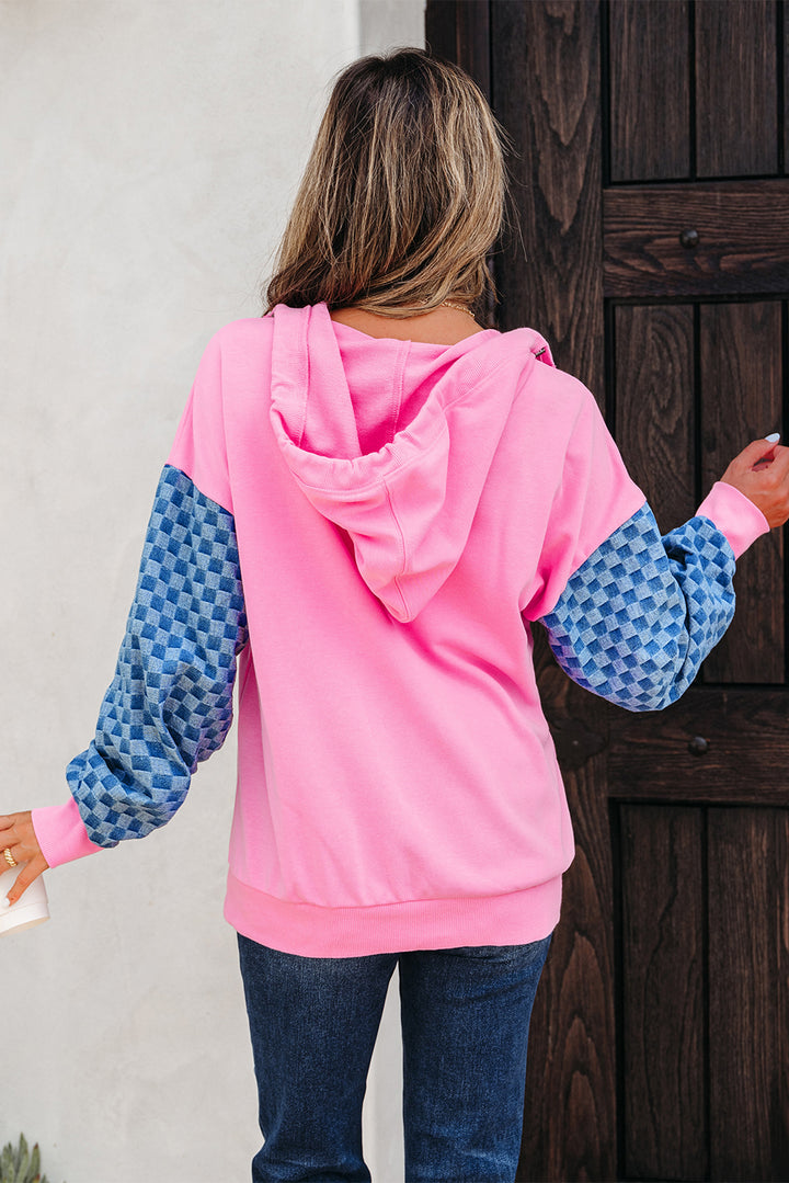 Checkered Patchwork Kangaroo Pocket Half Zipper Hoodie