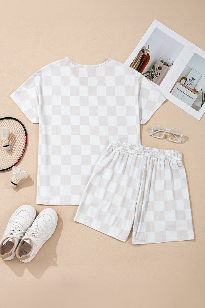 checkered v neck tee drawstring shorts lounge set 1