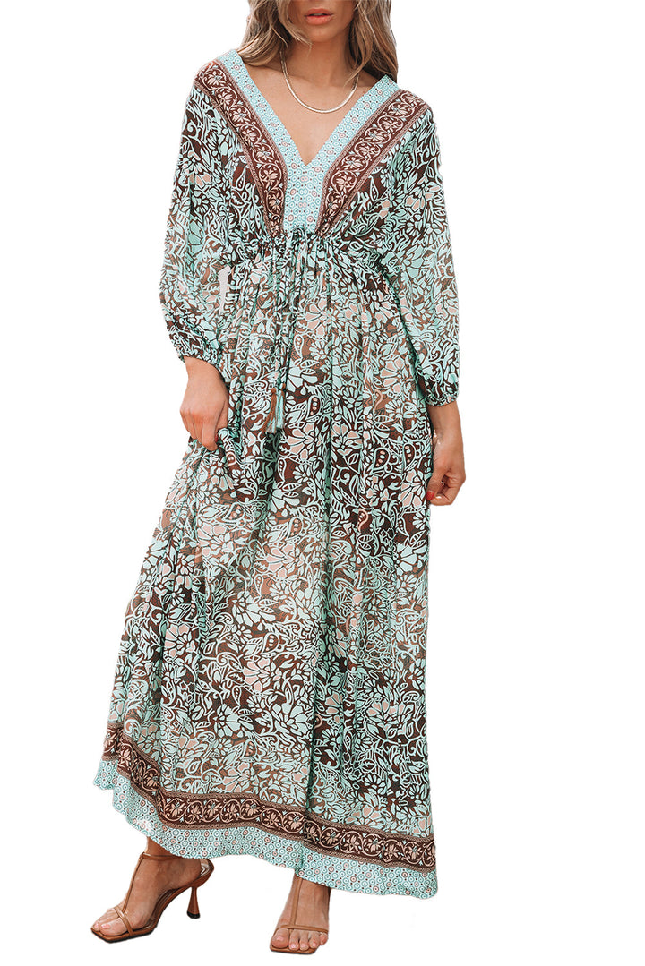 Boho Floral Print Lace-up Open Back High Waist Maxi Dress