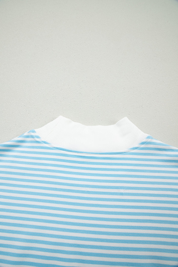 Sky Blue Stripe Oversize Mock Neck Sweatshirt and Shorts Set