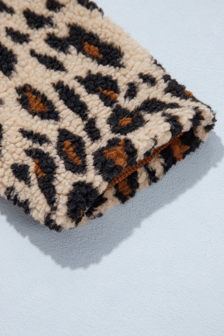 Khaki Leopard Plush Corduroy Trim Long Sleeve Jacket