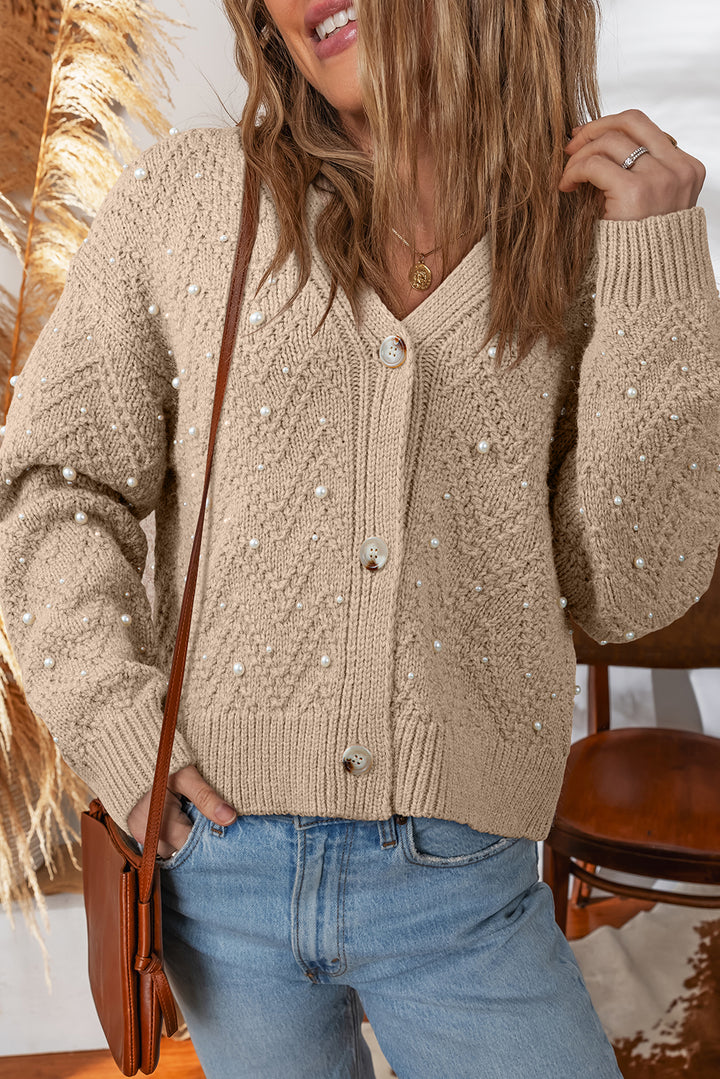 Smoke Gray Pearl Embellished Button Front Sweater Cardigan