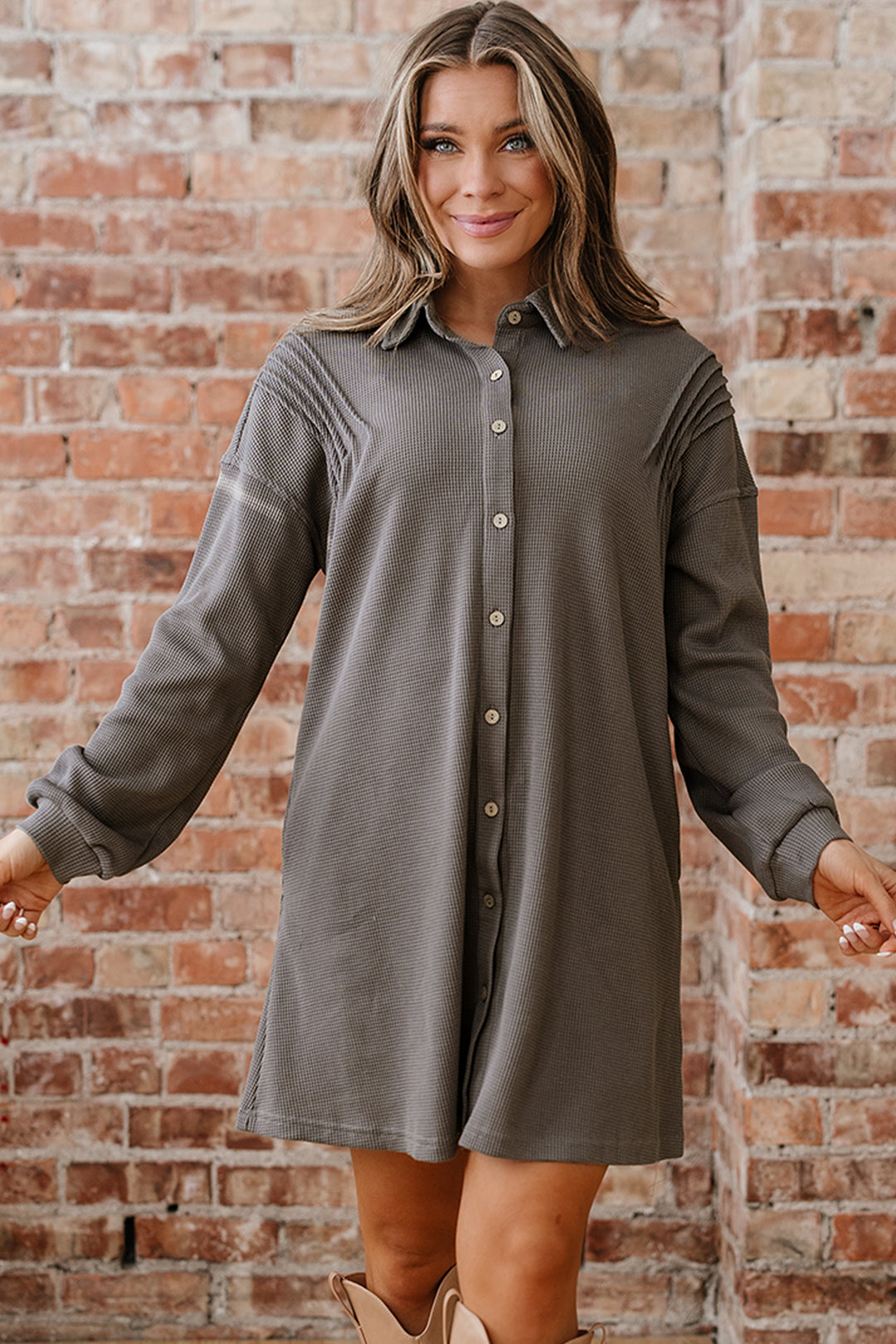 Waffle Knit Shirt Tunic Dress