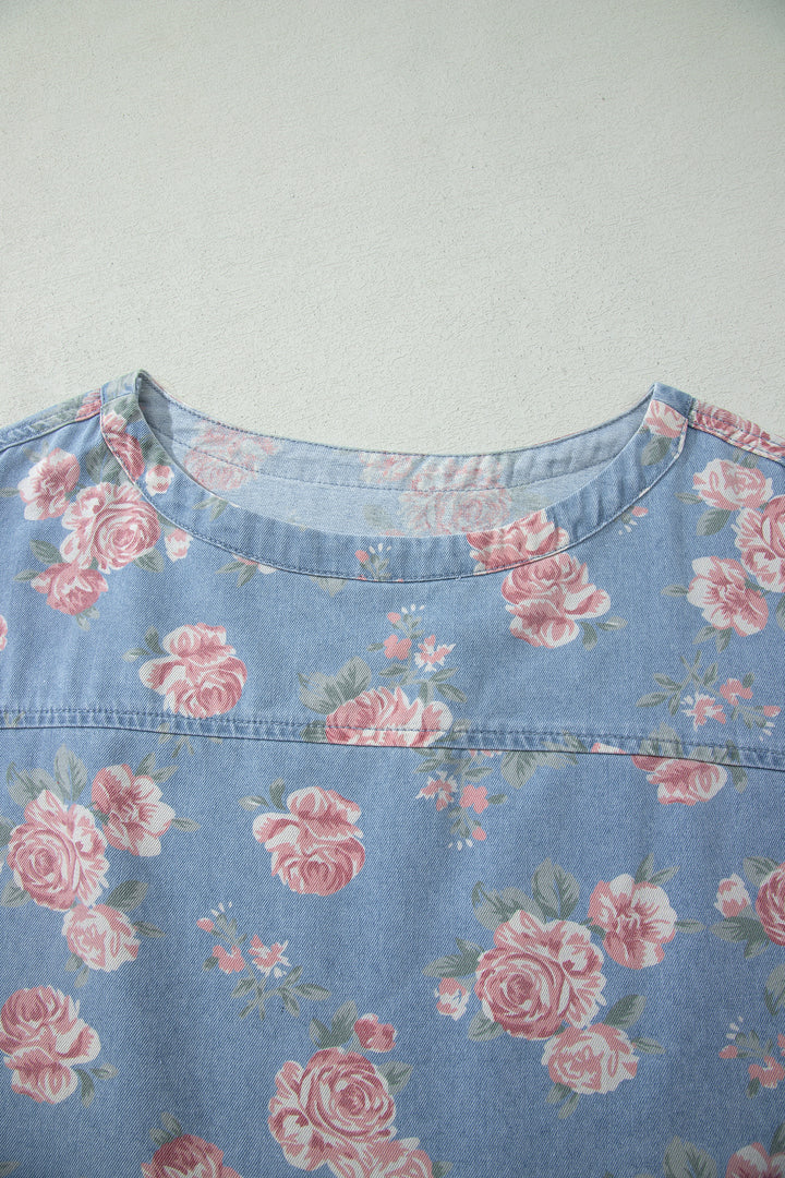 Sky Blue Floral Denim Short Sleeve Top Loose Shorts 2pcs Set
