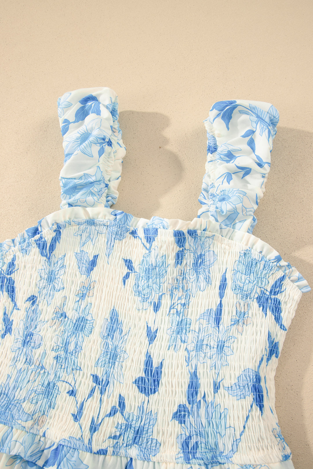 Sky Blue Ruffled Straps Smocked High Waist Floral Maxi Dress