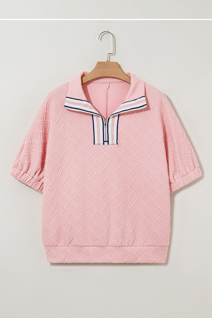 Light Pink Contrast Striped Collar Patchwork Textured Half Sleeve Blouse