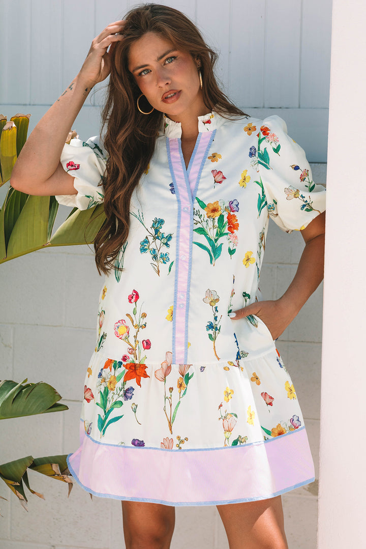 Floral Print Contrast Striped Patchwork Short Puff Sleeve Dress