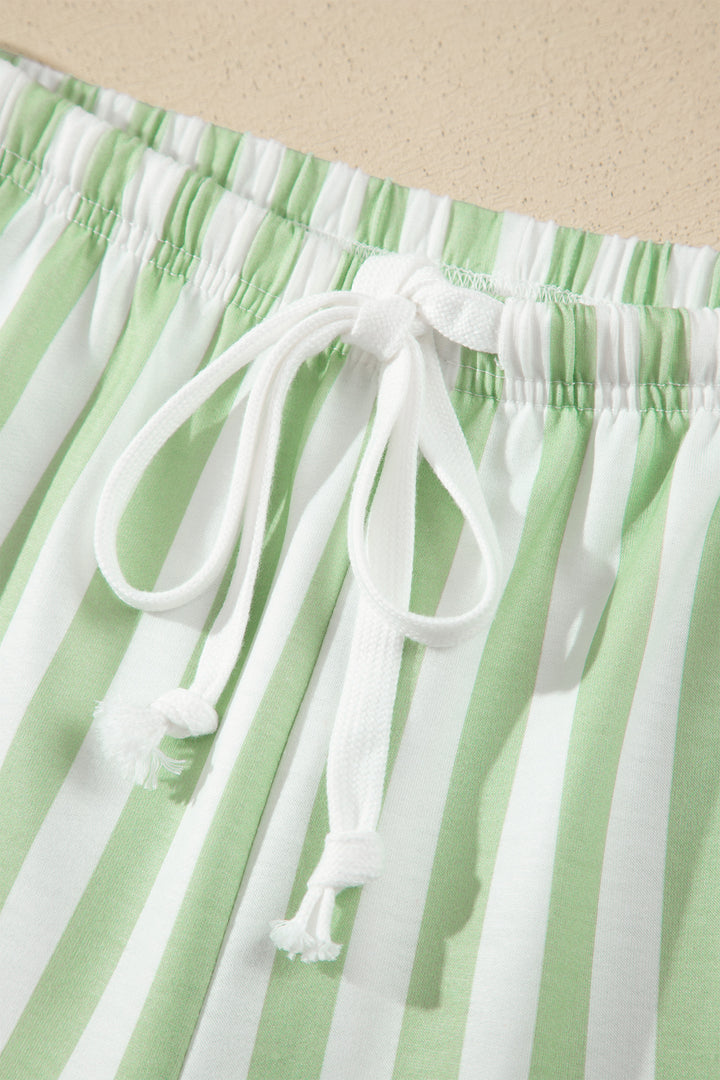 Smoke Green Striped Color Block Pullover Top Drawstring Shorts Set