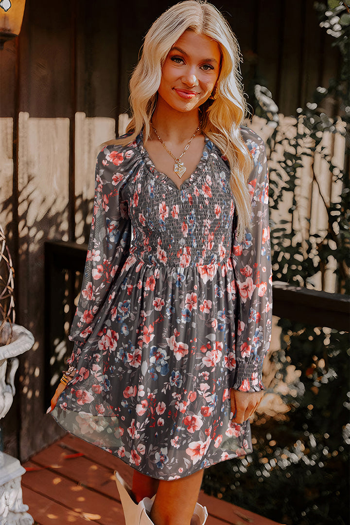 Frilly Smocked Bodice Floral Mesh Long Sleeve Mini Dress