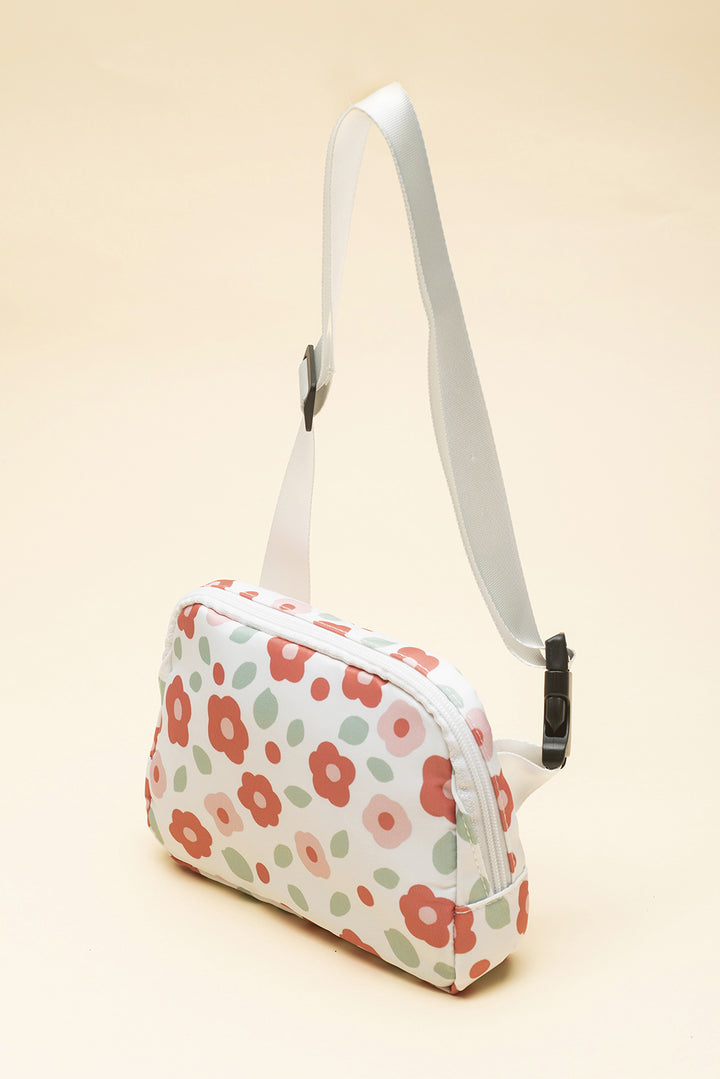 Umhängetasche mit Blumendruck, breiter Gürtelschnalle und Reißverschluss