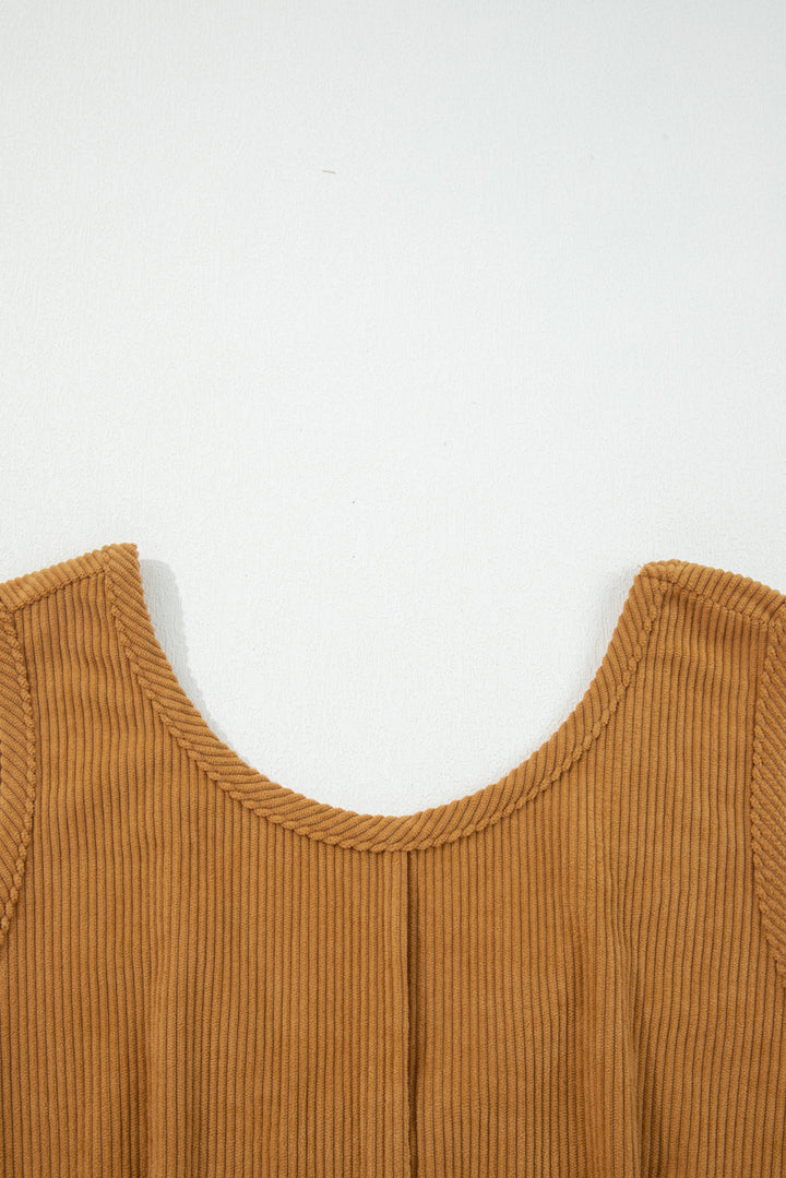 Beige Corduroy Sleeveless Mini Dress With Patched Pockets