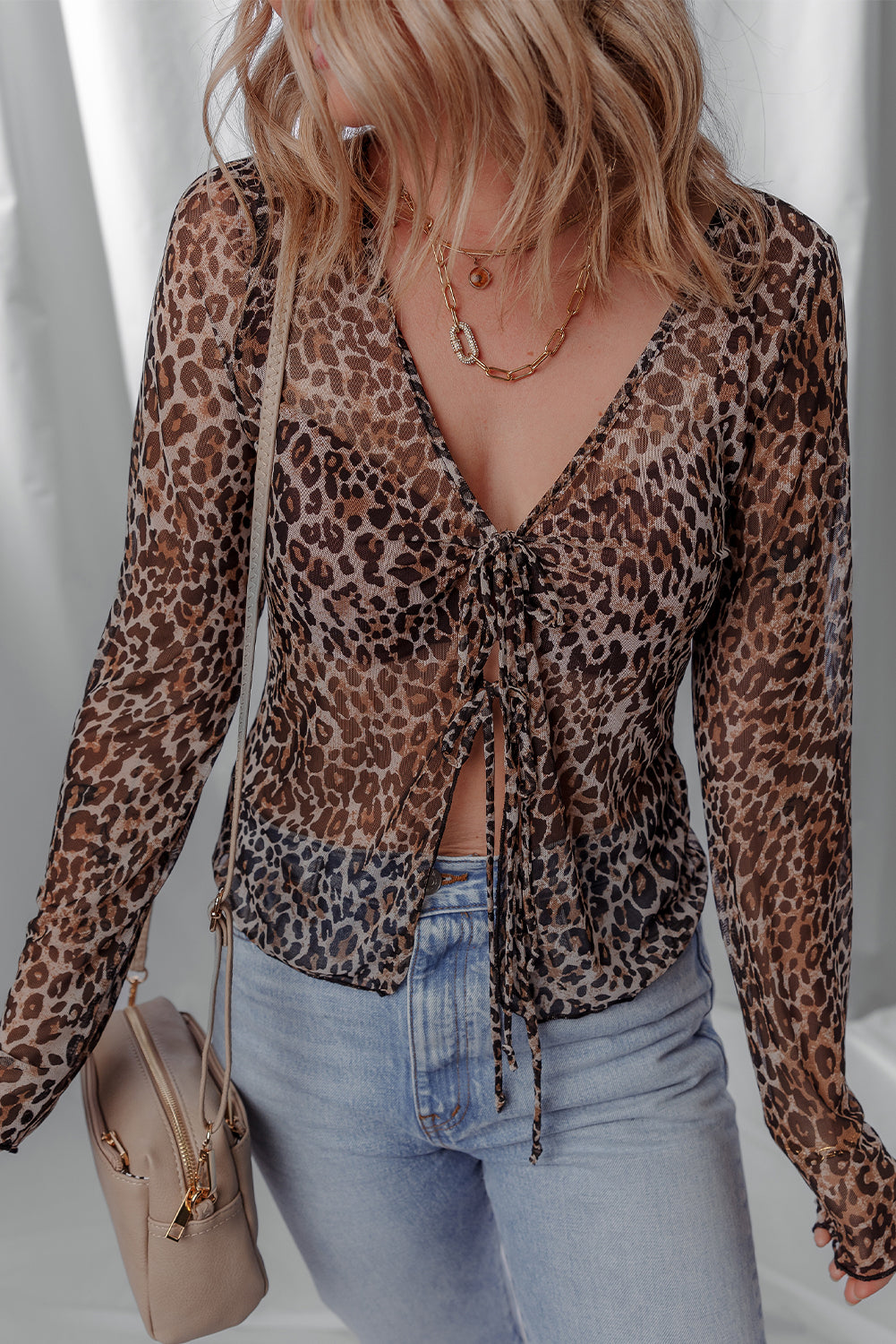 Leopard Sheer Mesh Long Sleeve V Neck Lace-up Blouse