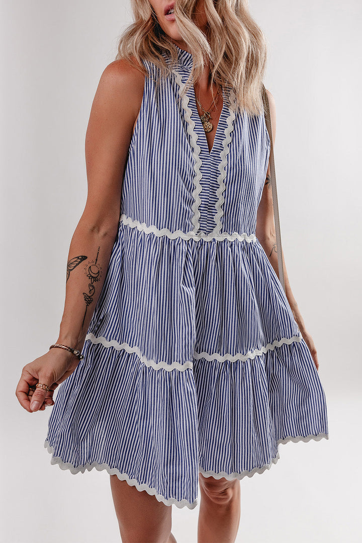 Sleeveless Notched V Neck Contrast Ric Rac Mini Dress