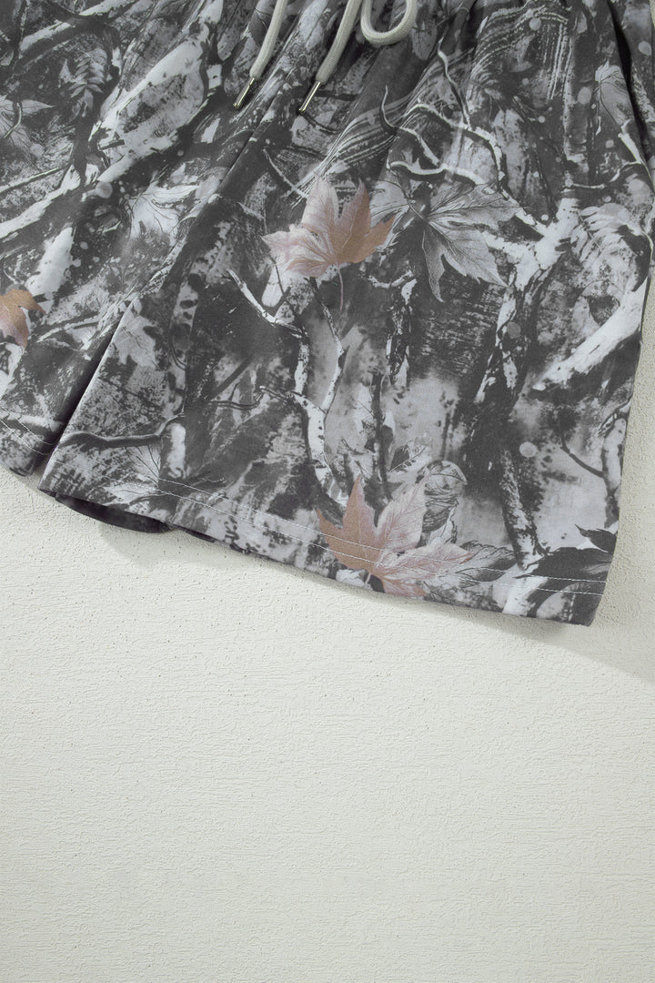 Gray Abstract Maple Leaf Printed Tie Elastic Waist Shorts