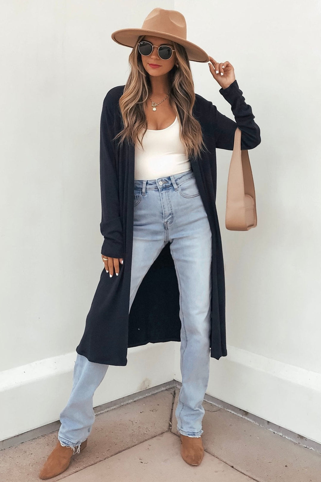 Dirty blue Solid Color Long Sleeve Casual Tunic Shift Cardigan