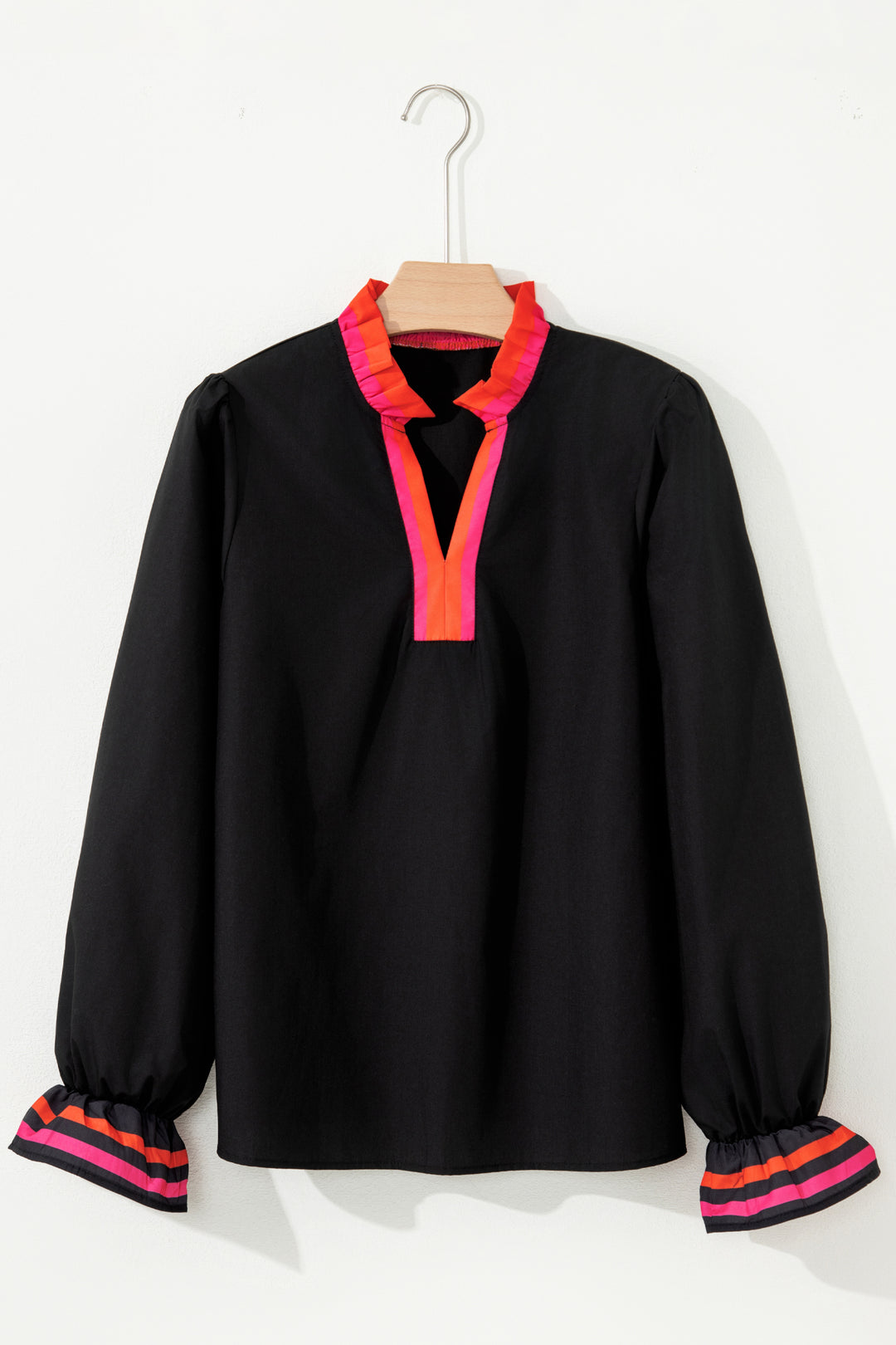 Black Striped Trim Ruffle Split Neck Long Sleeve Blouse