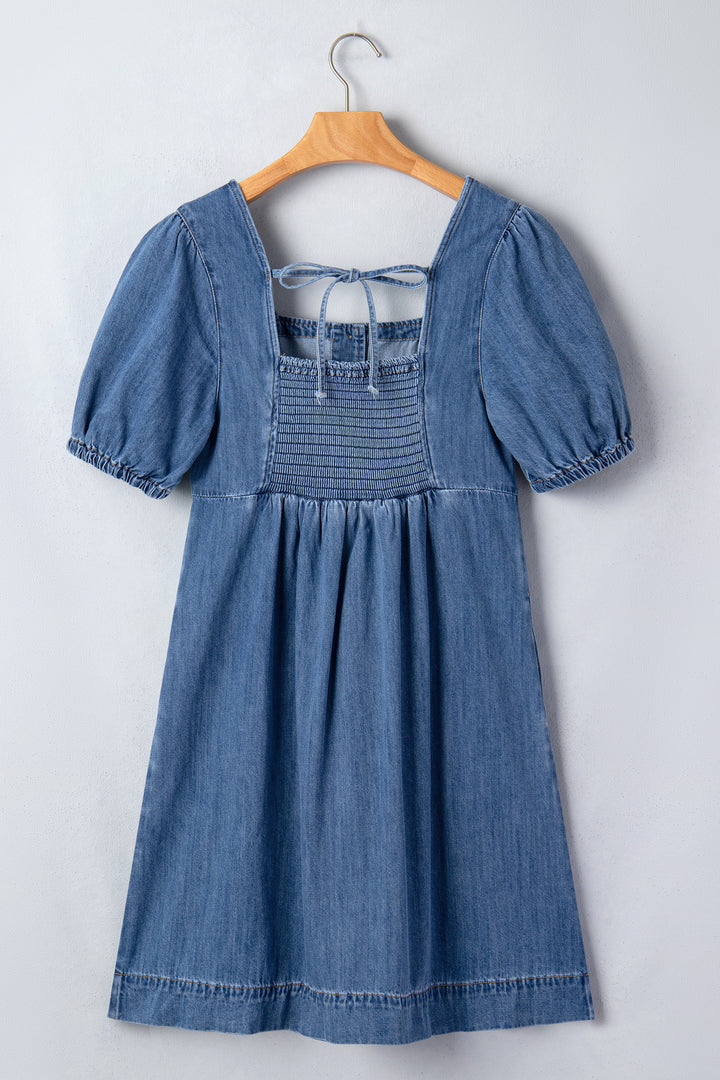 Blue Button Square Neck Short Puff Sleeve Denim Mini Dress