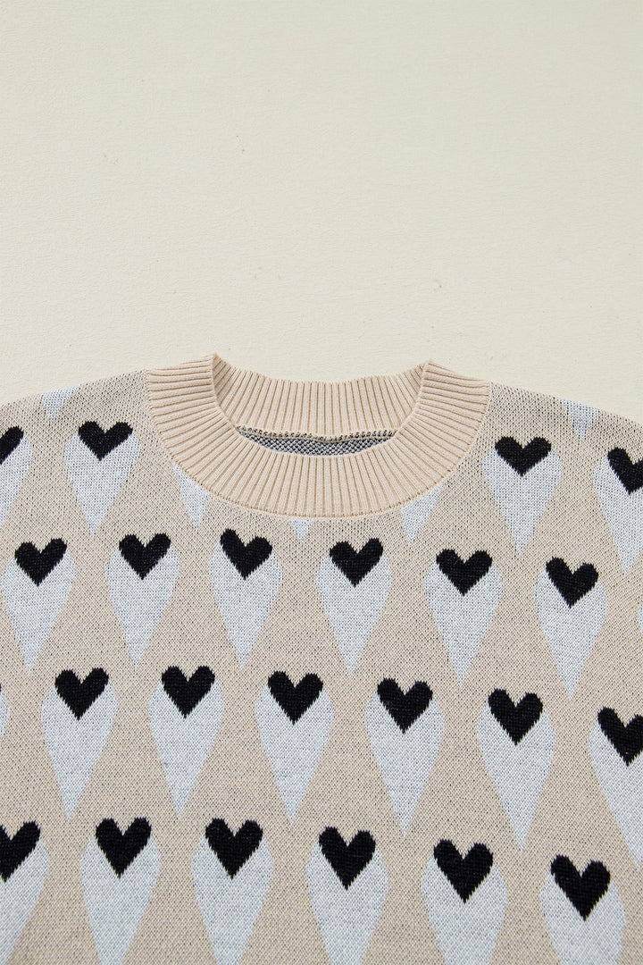 Geometric Heart Print Ribbed Trim Loose Sweater