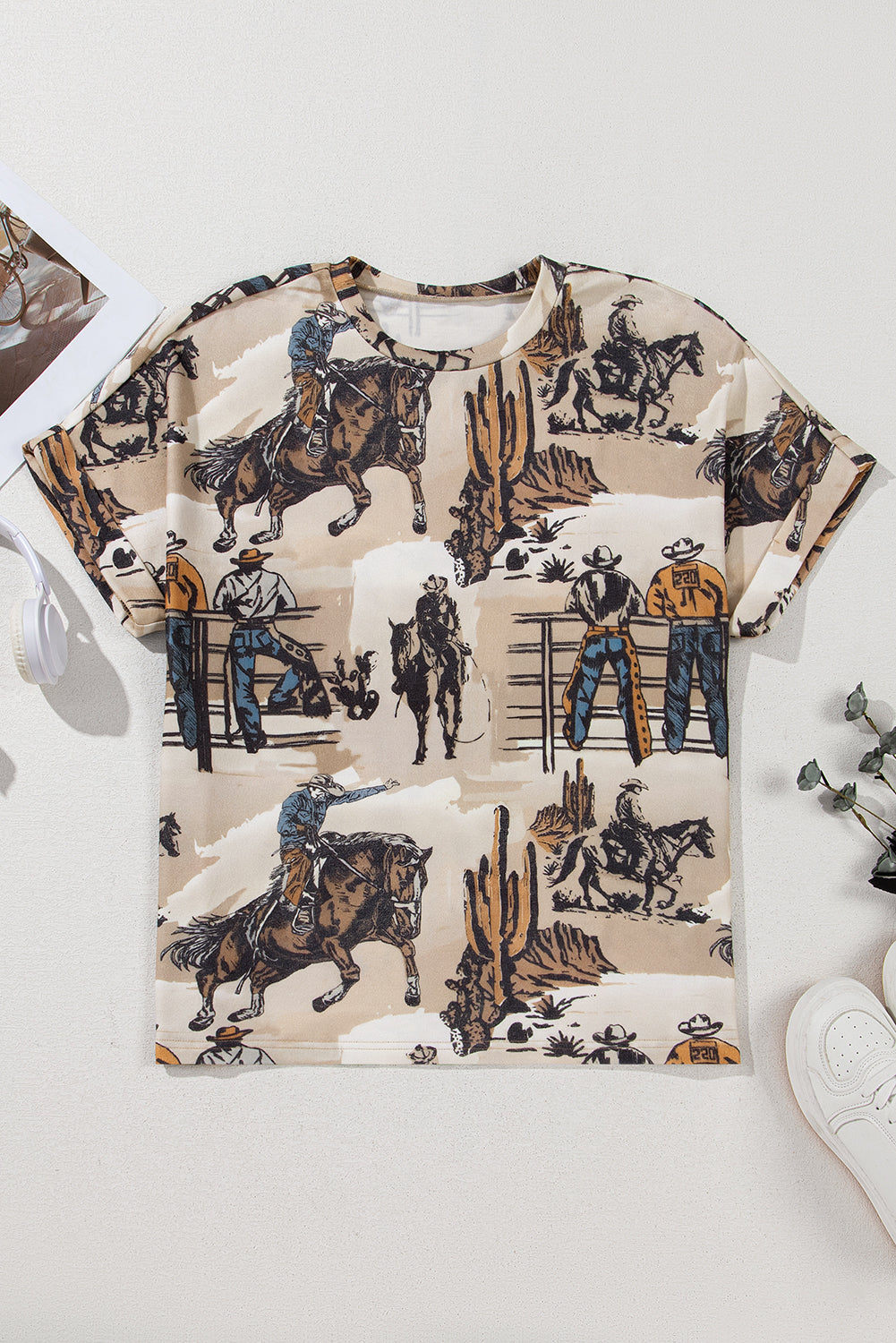 Western Cowboy Print Cuffed Sleeve Crewneck T Shirt