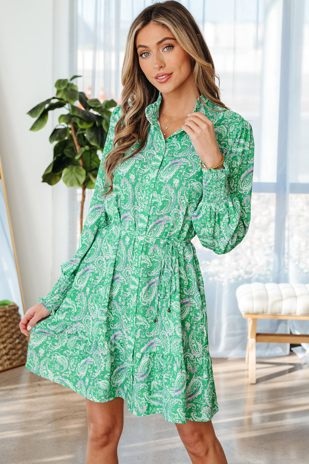 Paisley Print Long Sleeve Button Front Tied Waist Mini Dress