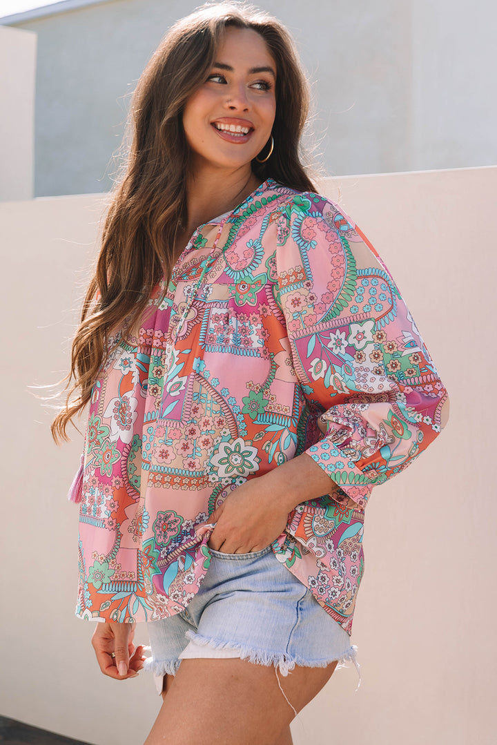 Boho Floral Bubble Sleeve Tassel Tied Neck Pleated Blouse
