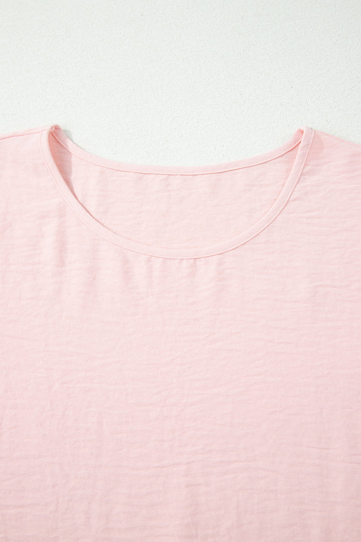 Light Pink Solid Color Ruffle Trim Short Sleeve Blouse