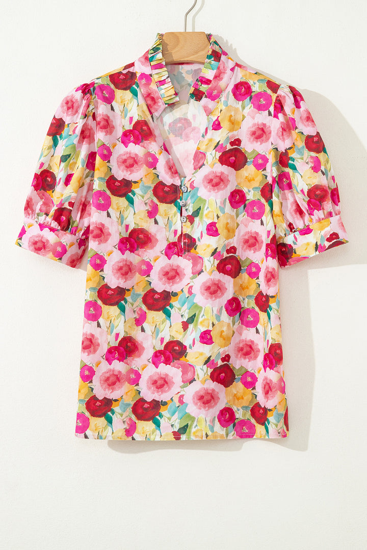 Floral Frilled V Neck Puff Short Sleeve Blouse