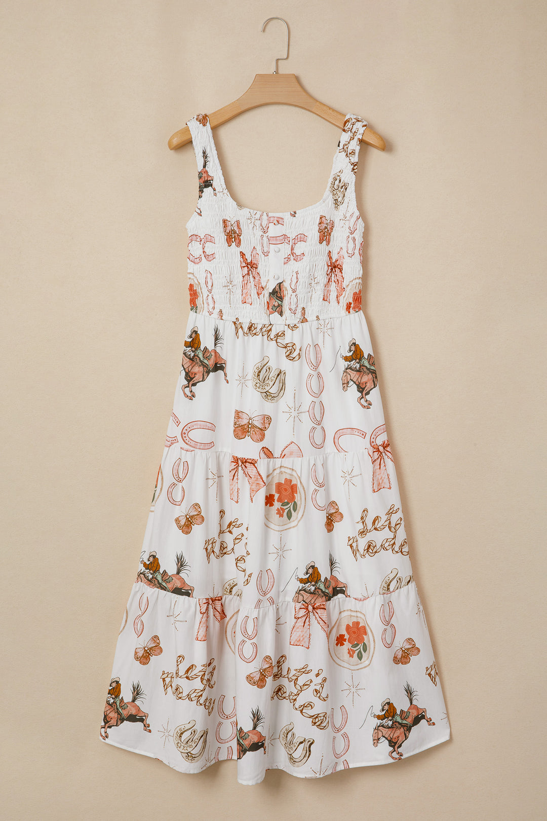White Western Horseshoe Print U-Neck Sleeveless Midi Dress