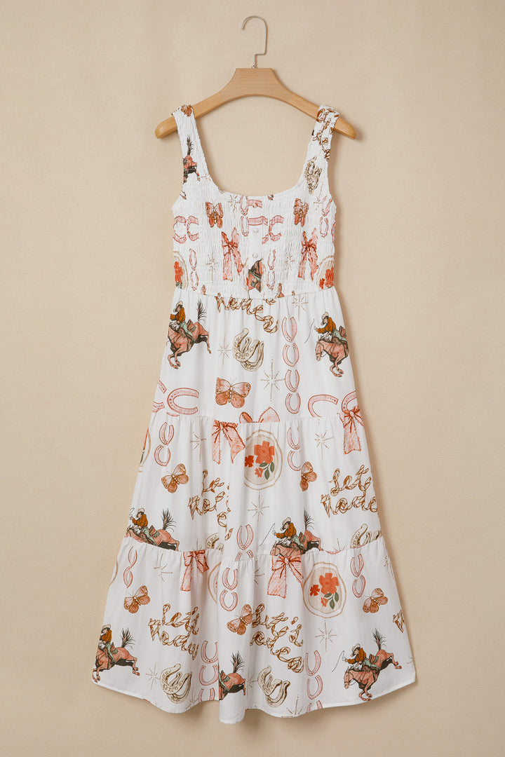 White Western Horseshoe Print U-Neck Sleeveless Midi Dress