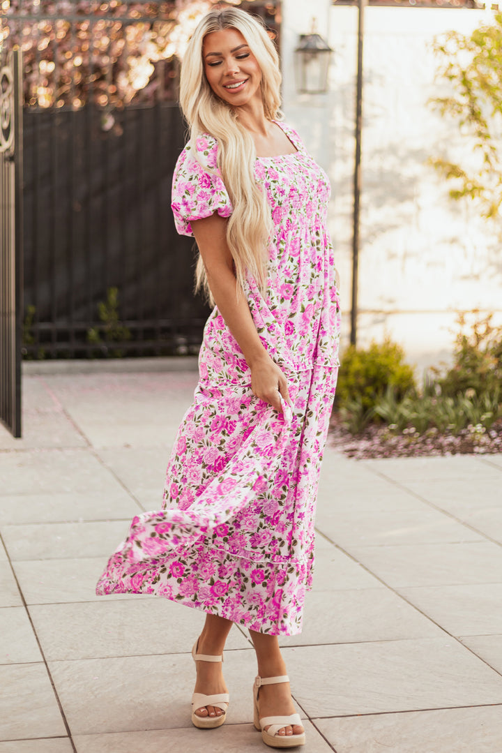 Dainty Floral Smocked Puff Sleeve Flowy Long Dress